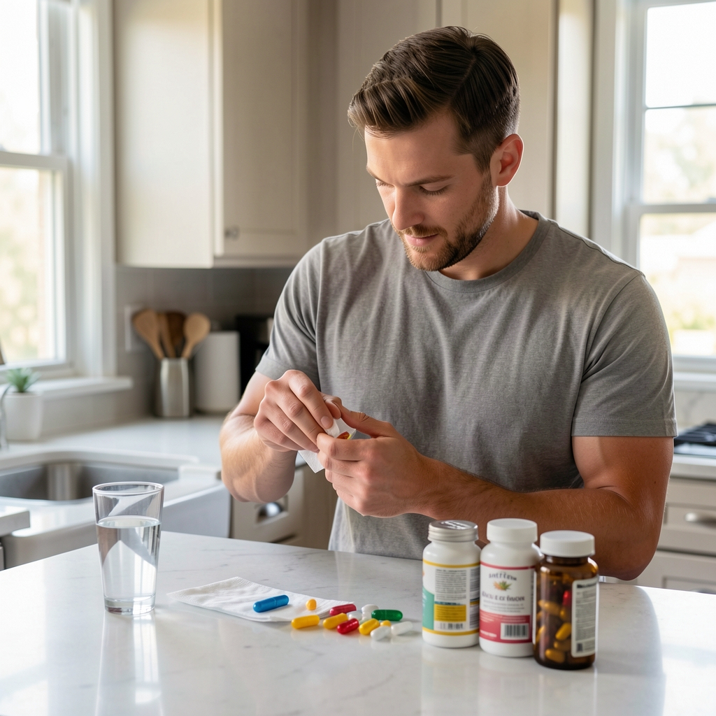 Man preparing morning supplement routine at a kitchen counter, glass of water and vitamin containers in natural daylight