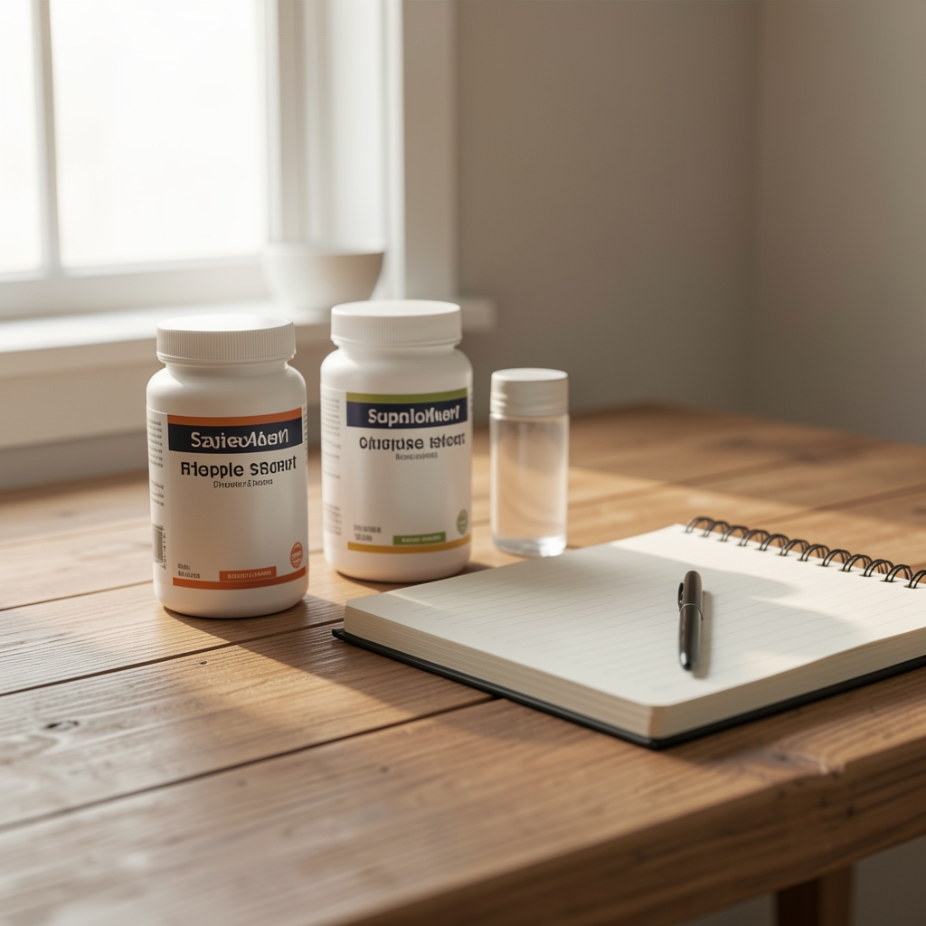 Vitamin D supplement containers and magnesium daily supplements arranged on a wooden surface with warm natural light, editorial flat lay composition