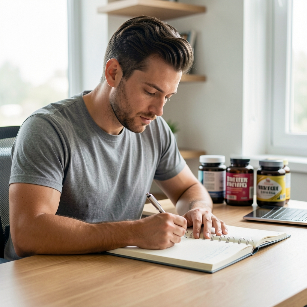 Man journalling at a training desk, supplement containers visible in background, soft daylight editorial composition