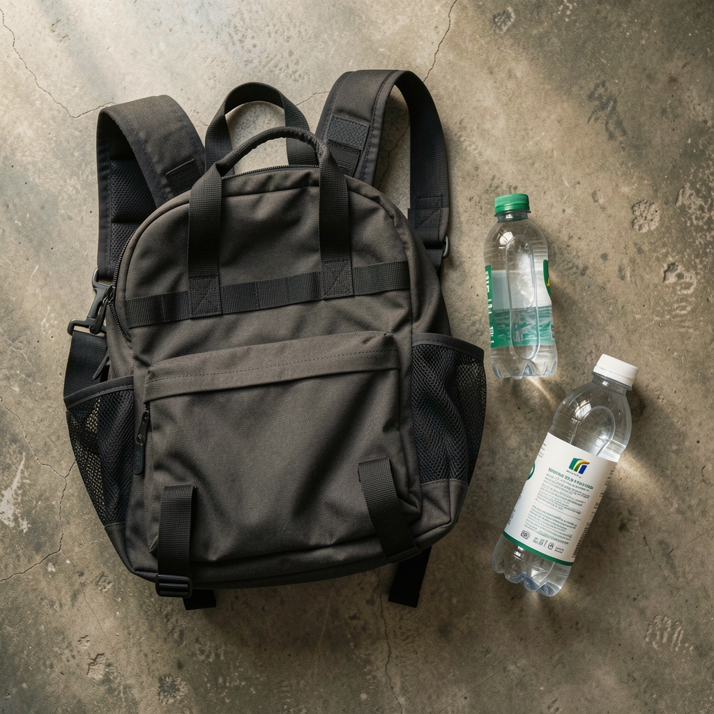 Gym bag and water bottle with supplement containers arranged as editorial flat lay on a textured surface
