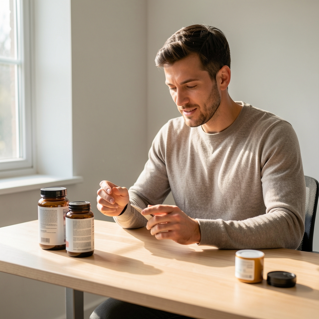 Active man reviewing supplement containers on a minimal wooden desk with morning light streaming through a window, editorial composition